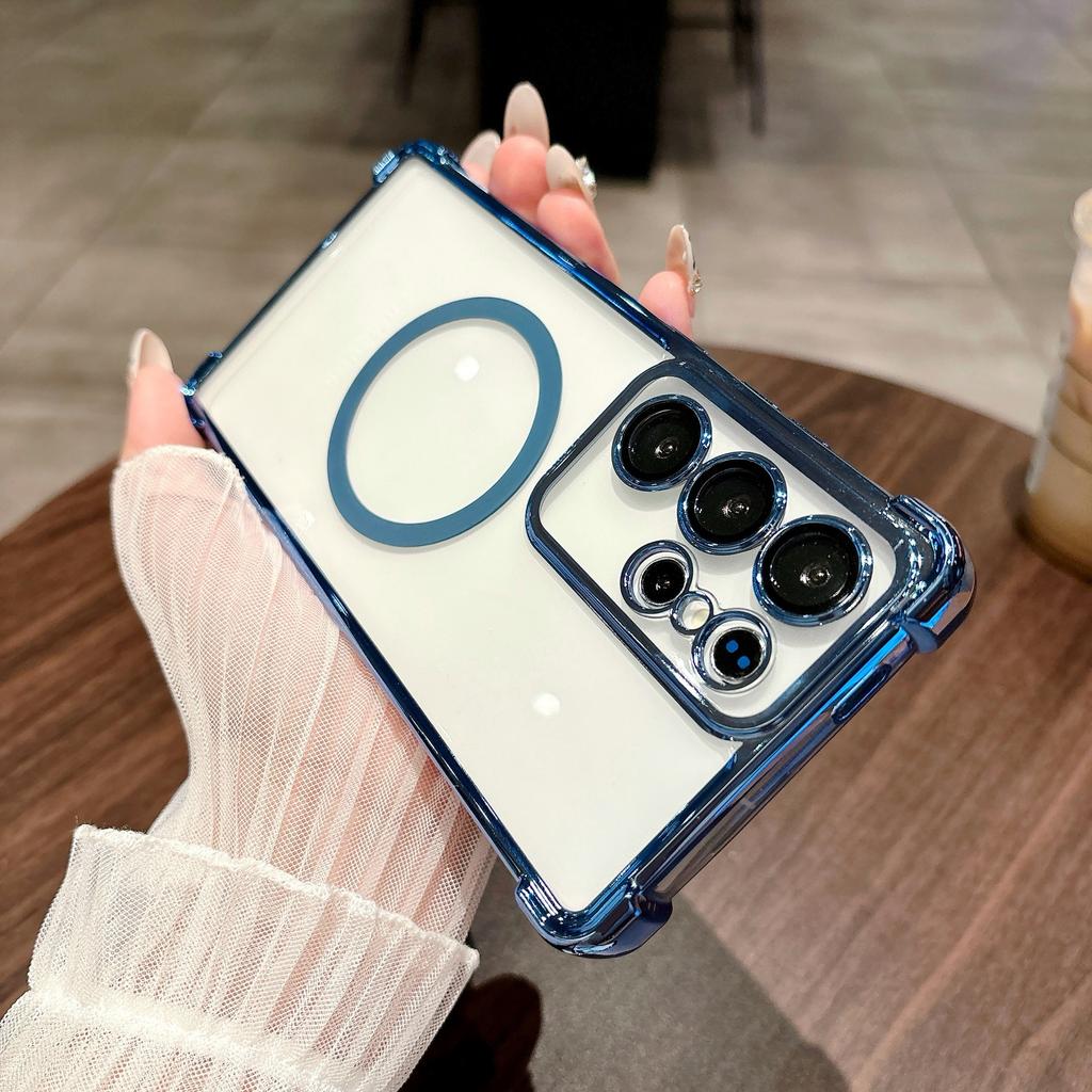 Suitable for Samsung S25 Ultra Mobile Phone Case Four Corner Airbag Anti Fall Magnetic Charging S24 Transparent Electroplated Hard Shell 23F