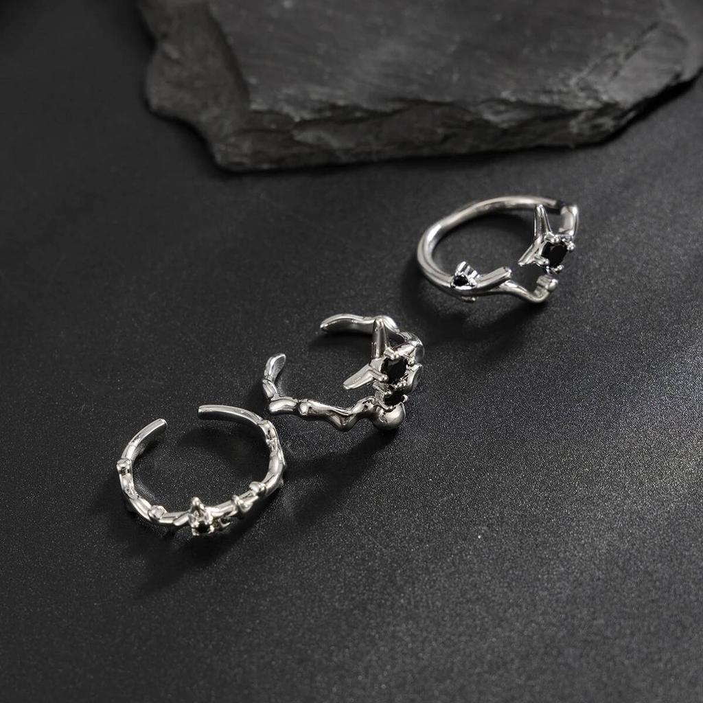 Salircon 3Pcs/set Fashion Silver Color Star Open Rings Women Men Punk Metal Geometric Adjustable Finger Ring Couple Jewelry Gift