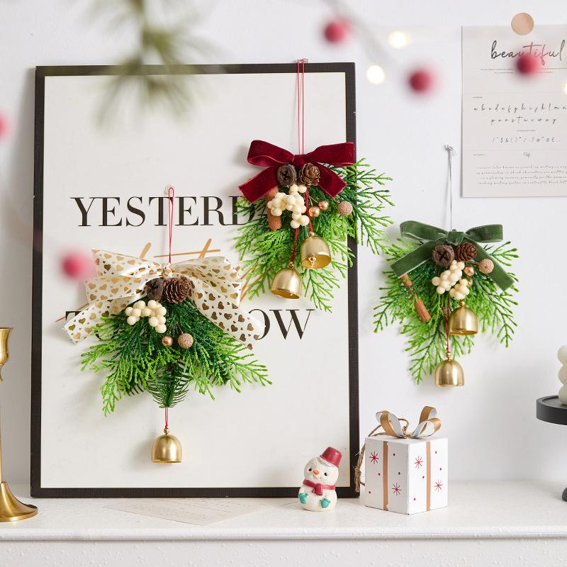 Christmas Jingle Bells Door Hanger Ornament Velvet Bow Pine Cone Bell Pendants For Christmas Decoration Christmas Gift Noel
