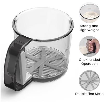 Baking Flour Sifter Handheld Powdered Sugar Sieve Cup with Fine Mesh & Scale & Hand Press Design