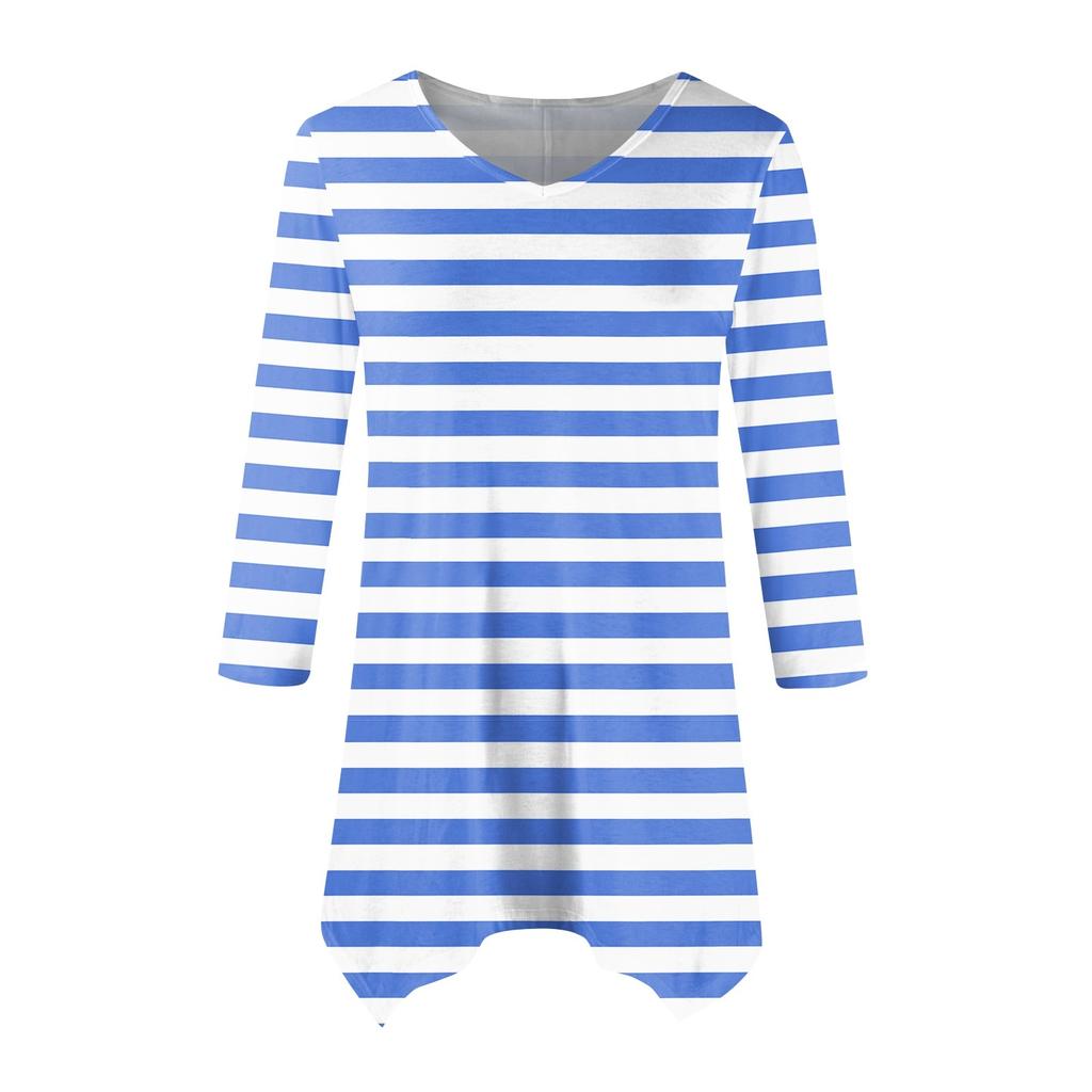 Women's Fashion Casual V-neck Striped Printed Seven-point Sleeve Shirt Belted Loose Comfortable Top