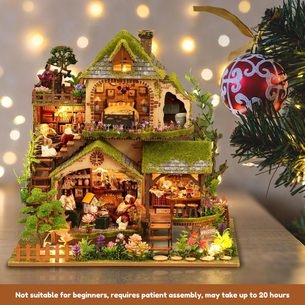 Miniature House Kit Wood DIY Miniature House Kit with LED Light DIY Dollhouse Miniatures Kits Mini House Building Set for Adults