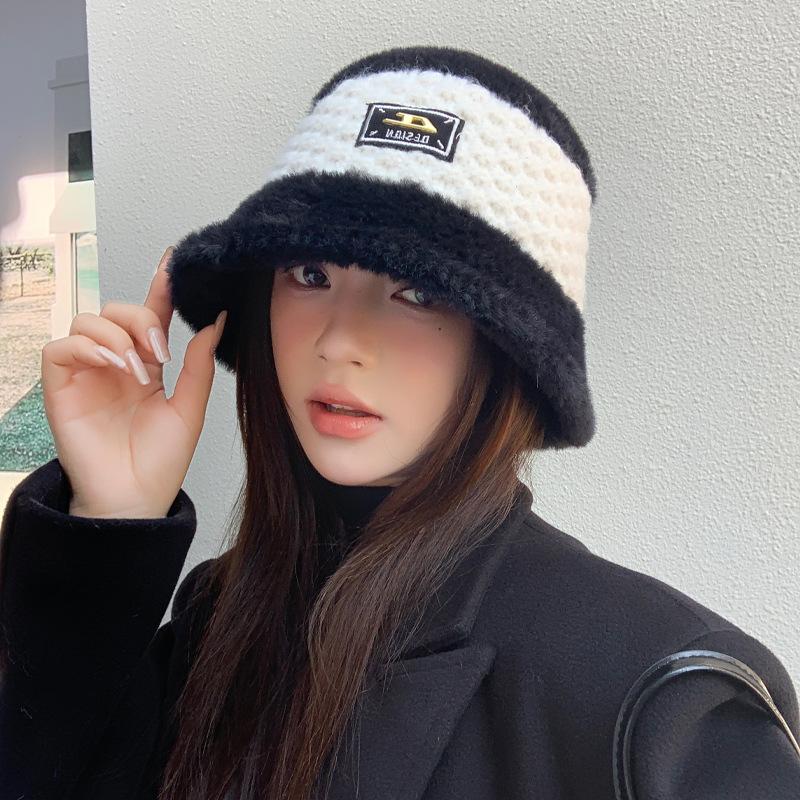 Korean Version of Autumn and Winter New Hat for Women Plush Fisherman Hat for Women High-end Metal Label for Winter Warm Face-showing Small Basin Hat