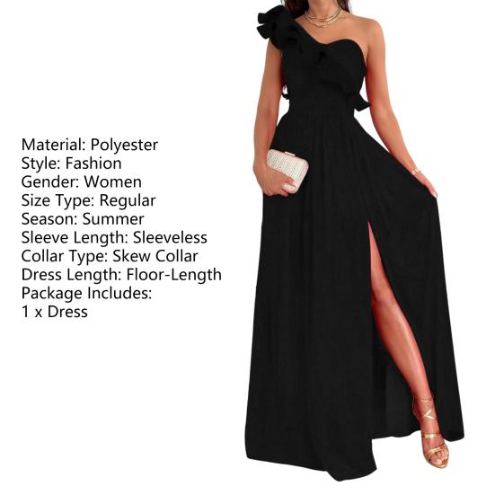 Sleeveless Side Split Flowy Hem Elegant Dress Sexy Skew Collar Ruffle Decor