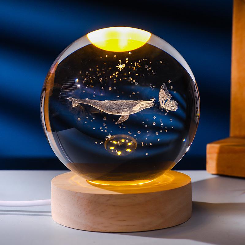 3D Crystal Ball Night Light with Wood Base - Artistic Ornament & Creative Gift for Couples and Classmates