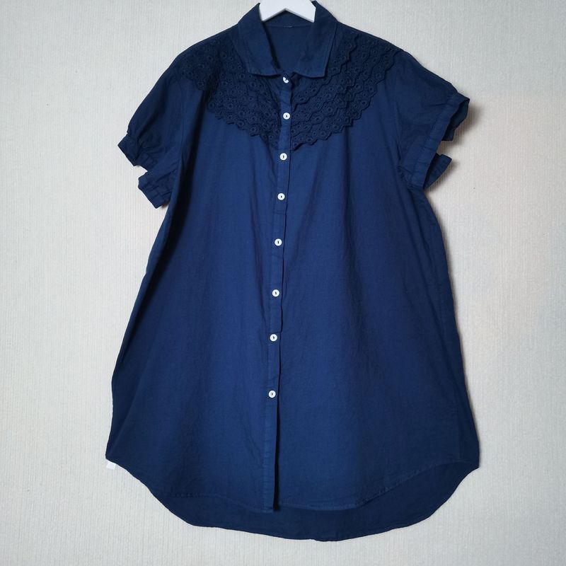 Export Original Order Leftover Stock Pure Cotton Short-Sleeved Shirt for Women Pure Cotton Embroidery Lace Lace Mid Length Long Length Pure Color Tall