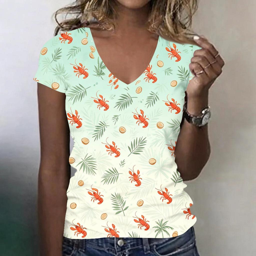 Womens Casual V Neck T Shirt Lightweight Short Sleeve Lobster Print Top Soft Fabric Summer Blouse