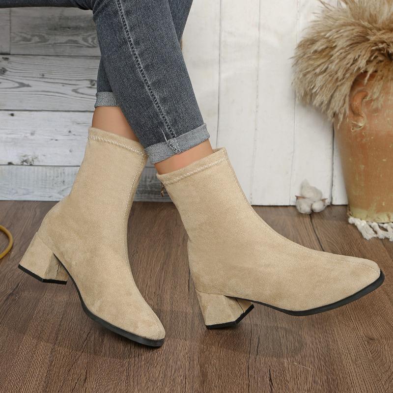 Bottes Skinny Grande Taille Mode Bout Carré Daim Fermeture Éclair Arrière Semelle Souple Antidérapante Bottines à Talon Bloc