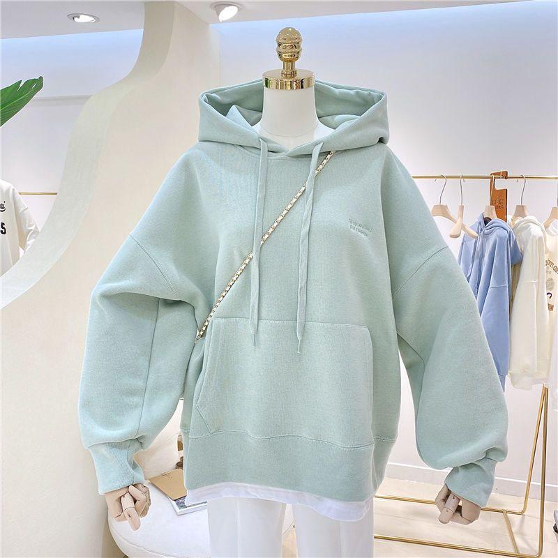 Women's Fleece-Lined Patchwork Hooded Sweatshirt - 2025 Autumn/Winter Korean Style Embroidered Loose Fit