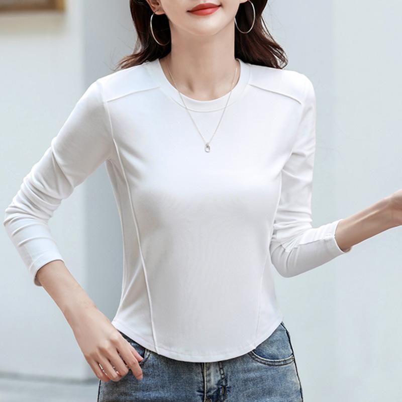 Jarní a podzimní dámská halenka s kulatým výstřihem jednobarevná top s krátkým dlouhým rukávem