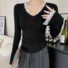 Lace Lace Spliced V-neck Long-sleeved T-shirt for Women's Spring and Summer New Slim Bottoming Shirt Korean Design Top