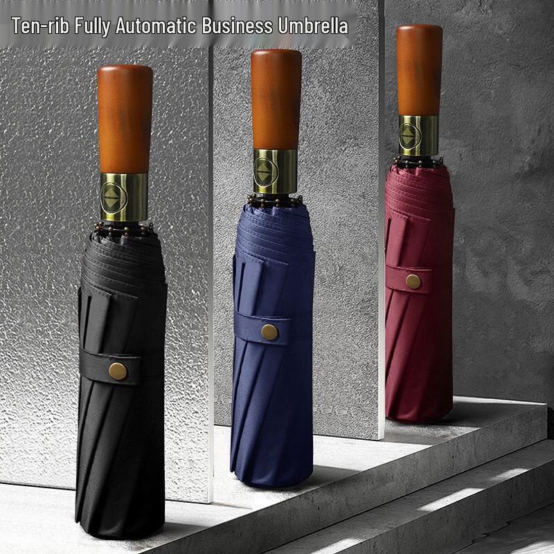 Retro Automatic Folding Umbrella with Solid Wood Handle