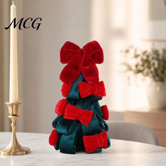 Dining Table Christmas Centerpiece Velvet Bow Tree Decoration, Shaped Photo-ready Decor Tabletop Ornament for Fireplace Window Holiday Stacked