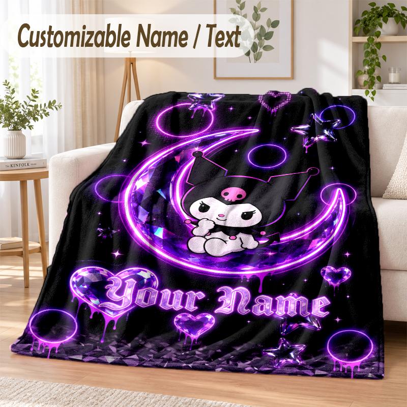 Kuromi Custom Name Flannel Throw Blanket Soft Warm for Sofa Bed Indoor Home Use
