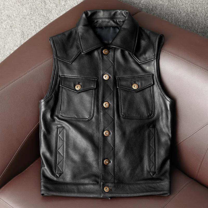 New Mens Leather Vest Genuine Cowhide Slim Fit Short Waistcoat Biker Jacket Fashion Trend