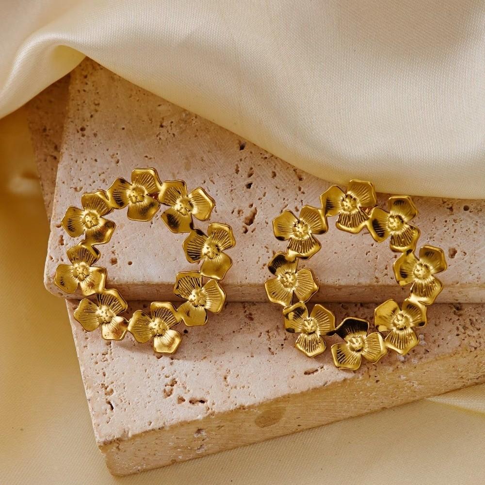 Stainless Steel Floral Wreath Earrings Waterproof Women Earrings Trendy Flower Circle Studs Gift