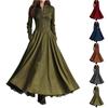 Women's Long Sleeve Shirt Dress Vintage Style Faux Suede Fabric Lace Trim Paneling Full Length Dress with Button Front and Flared Skirt