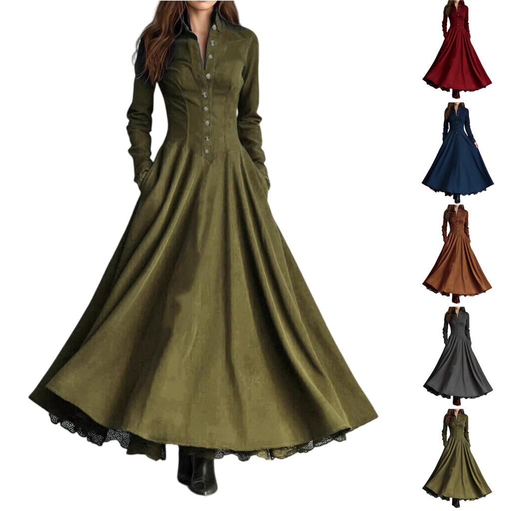 Women's Long Sleeve Shirt Dress Vintage Style Faux Suede Fabric Lace Trim Paneling Full Length Dress with Button Front and Flared Skirt