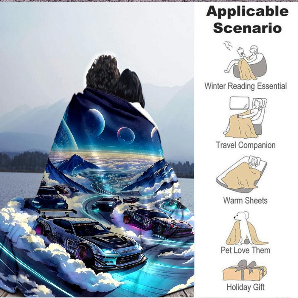 1pc Cloud Road Car Race Blanket Lightweight Flannel Blanket Throw Blanket For Sofa, Bed, Travel, Camping, Livingroom, Office, Couch
