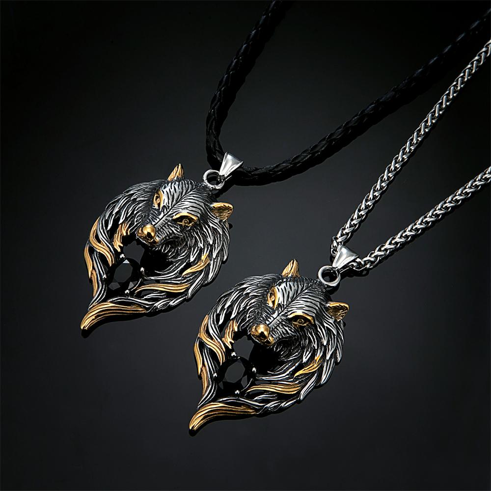 Punk Norse Odins Wolf Necklace Gold Stainless Steel Black Gem Viking Fenrir Pendant Retro Amulet Jewelry for Men