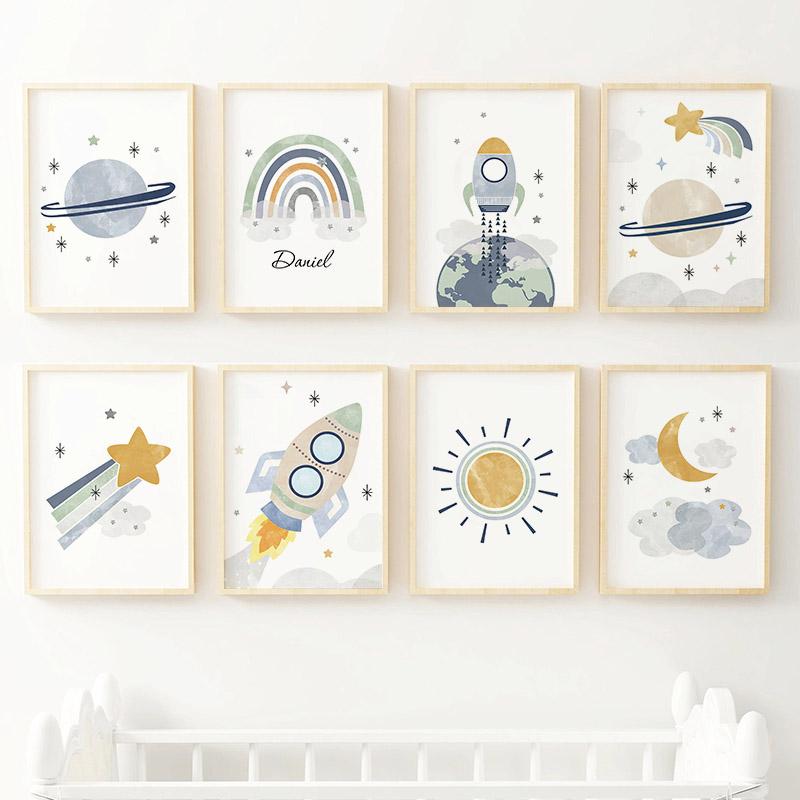 Sun Rainbow Moon Stars Planet Rocket Cartoon Explore Wall Art Canvas Painting Posters And Prints Pictures Baby Kids Room Decor