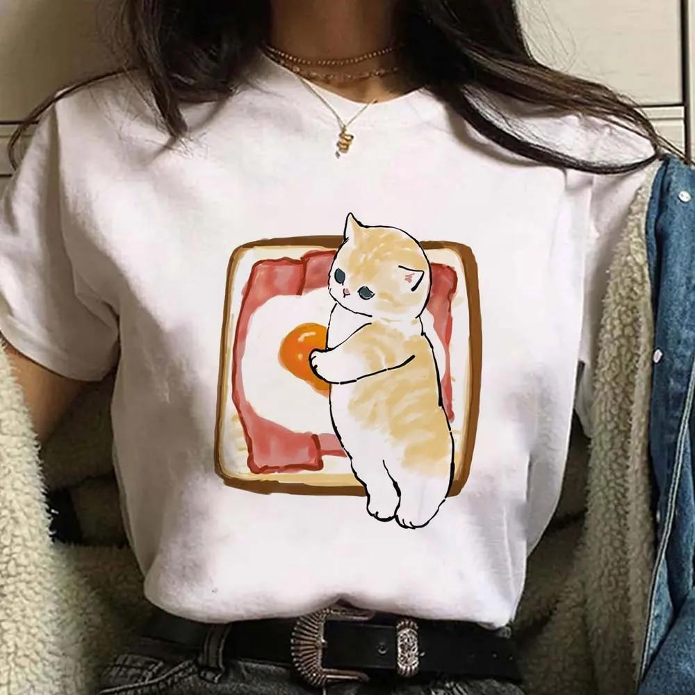 Cute Cat Print Short Sleeves Women's Tshirt Fashion Streetwear Y2k Clothing Sportwear Harajuku Pullover Tops Tees Summer Spring