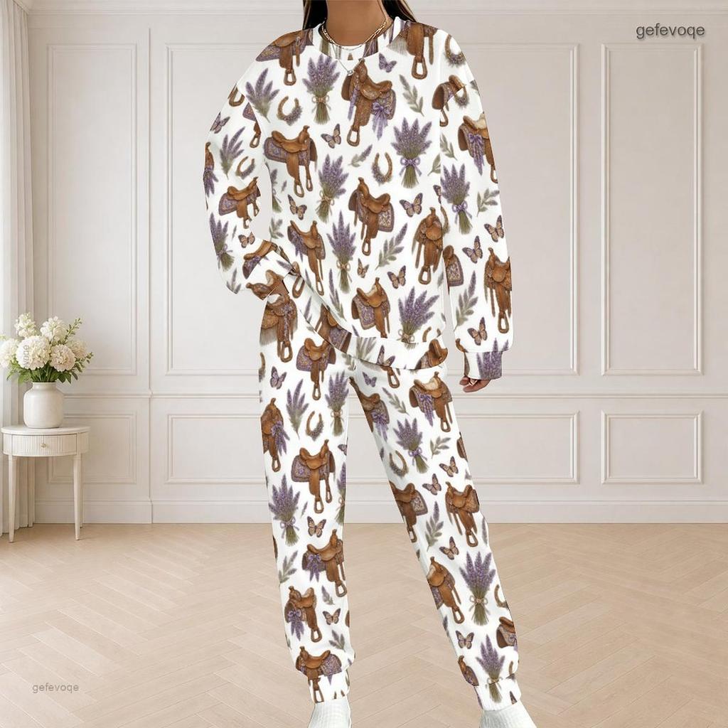 Women Plus Size Printed Round Neck Long Sleeve Top With Pockets And Long Pants Set