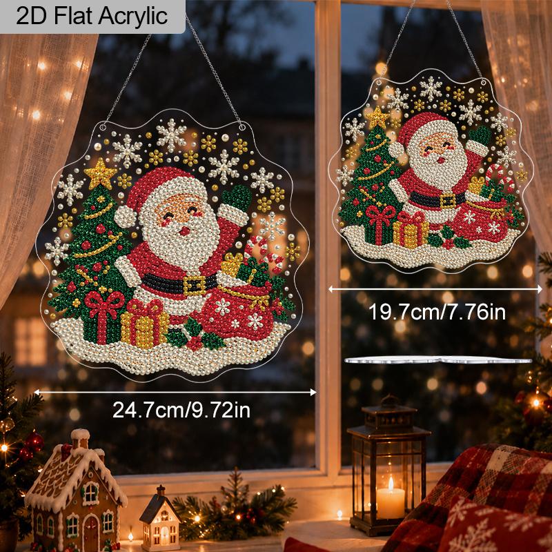Christmas Acrylic Diamond Art Ornament, Santa Lace Edge, Pre-Attached Chain, Mixed Pearls, DIY Xmas Window Wall Decor & Gift