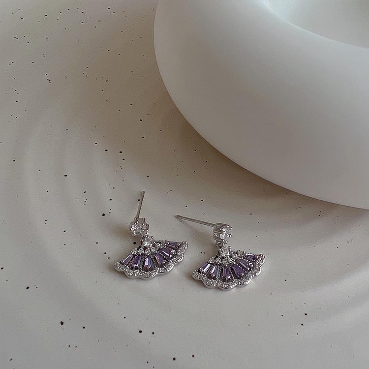 Purple Zircon Fan-shaped Women's Stud Earrings - Retro, Versatile & Stylish