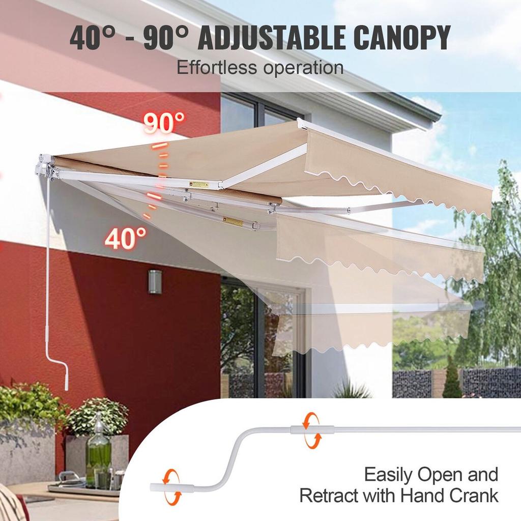 Manual Retractable Awning, 12 x 10 ft Outdoor Patio Awning Retractable Sun Shade, Water-Resistant Polyester Patio Door Window Awning Sunshade Shelter