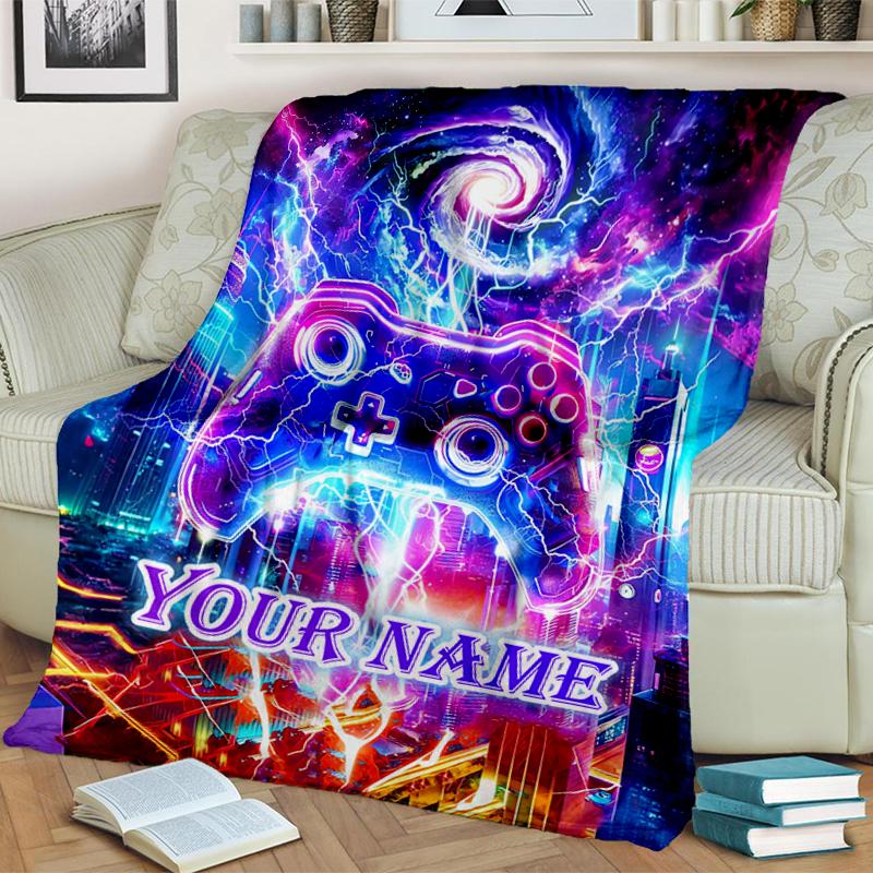 1PC Custom Name "Vibrant Neon Night" flannel blanket versatile, all-season throw suitable for the living room, bedroom, camping, travel, and gift