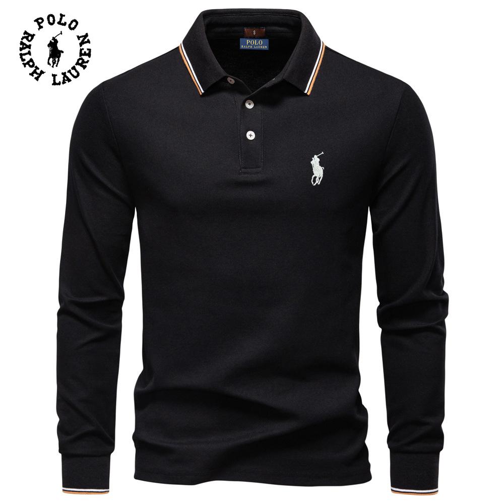 Polo Ralph Lauren 2025 Podzimní Nové Výšivky Pánské Polo tričko s dlouhým rukávem, Jednobarevný Pánský top s klopou, Všestranné Polo tričko pro muže
