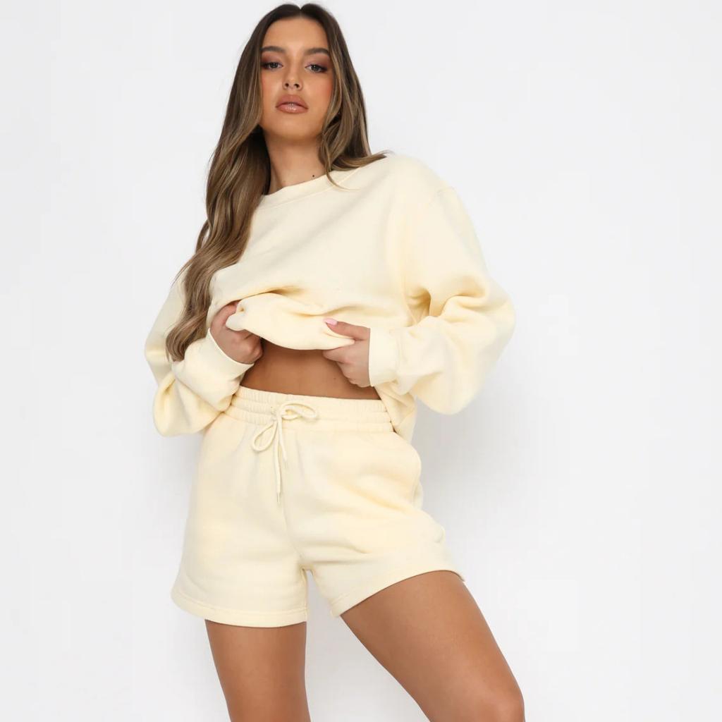 Women Solid Color Loose Casual Crew Neck Sweatshirt And Shorts Set