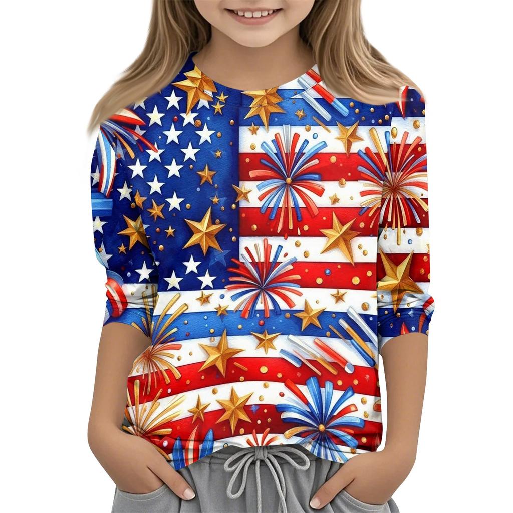 T-shirt décontracté pour enfant avec imprimé Jour de l'Indépendance, col rond, manches trois quarts