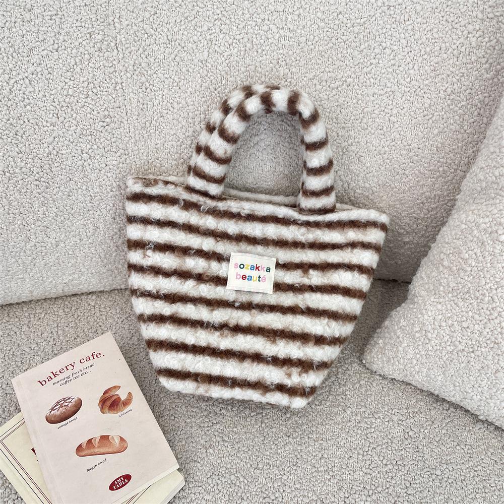 Cute Versatile Plush Women's Shoulder Bags Simple Stripes Female Handbags Fall Winter Ctrast Color Ladies Miscellaneous Bag