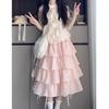 Cute Sweet Girl Dopamine Wears a Complete Set of Women's Summer College Style Straps Shirt Pink Plaid Cake Skirt Two-piece Set