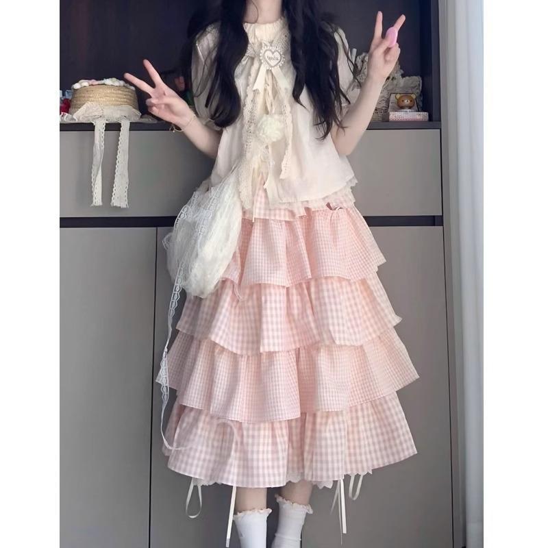 Cute Sweet Girl Dopamine Wears a Complete Set of Women's Summer College Style Straps Shirt Pink Plaid Cake Skirt Two-piece Set