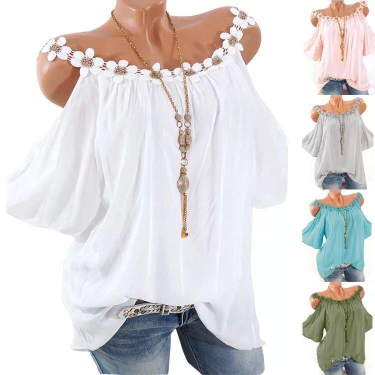 Off Shoulder Summer Sexy Women Blouse Flowers Loose Short Sleeve Shirt Ladies Elegant Casual O-neck Loose White Tops