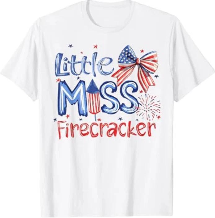 Little Miss Firecracker For Girls Kids Toddlers 4th Of July TShirt S