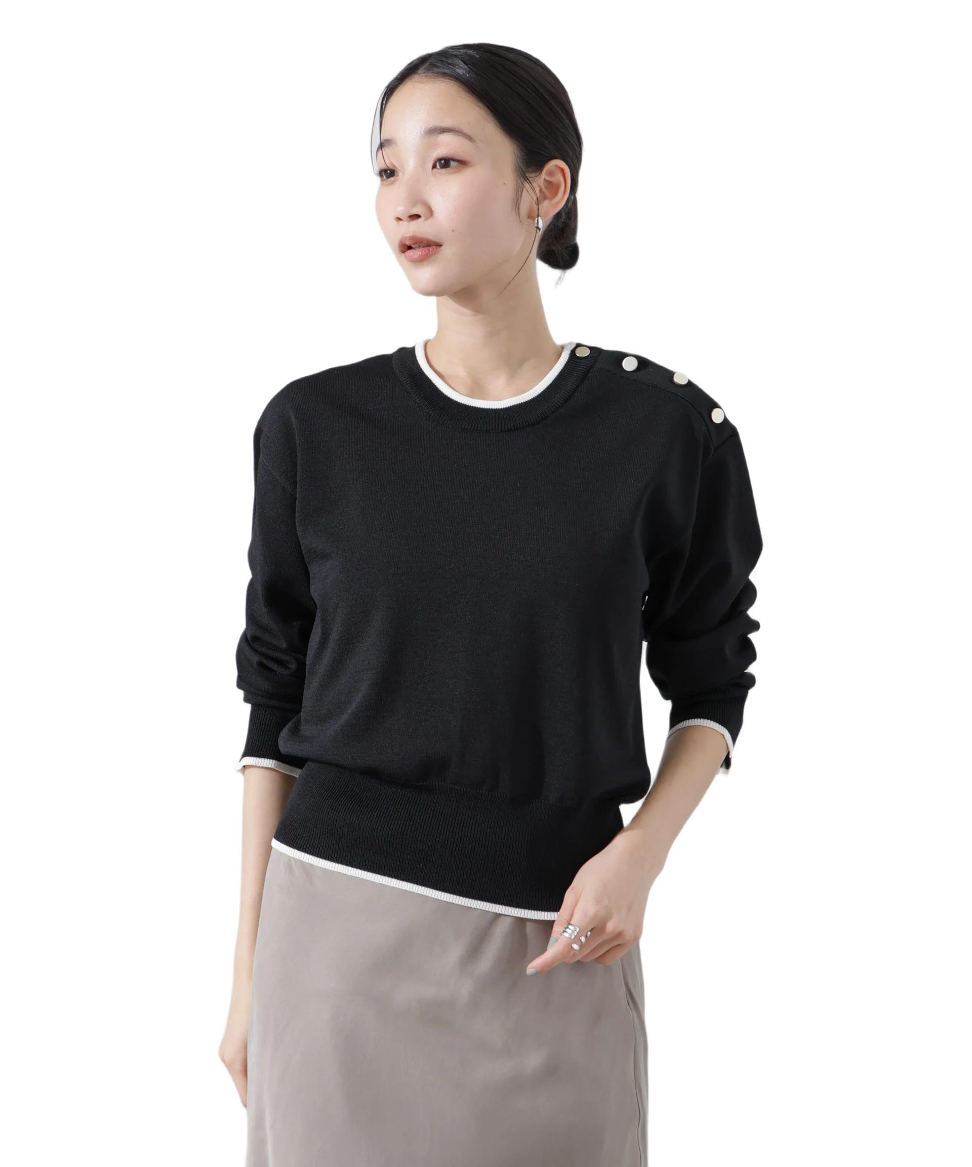 

Nano Universe Machine Washable UV Protection Button Detail Knit F Women s Two-Tone Sweater, Black, 010, 673-5122313