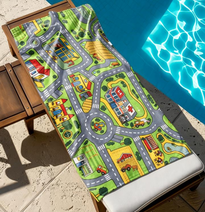 Kids City Road Map Beach Towel, Microfiber Sand Free Quick Dry, Interactive Play Mat Print, Soft Absorbent for Toddlers & Summer