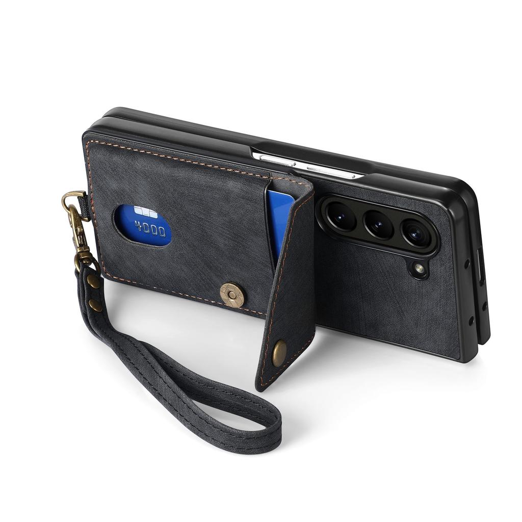 D1 For Samsung Galaxy Z Fold6 5G Case Kickstand Card Bag Leather+PC Phone Cover with Strap