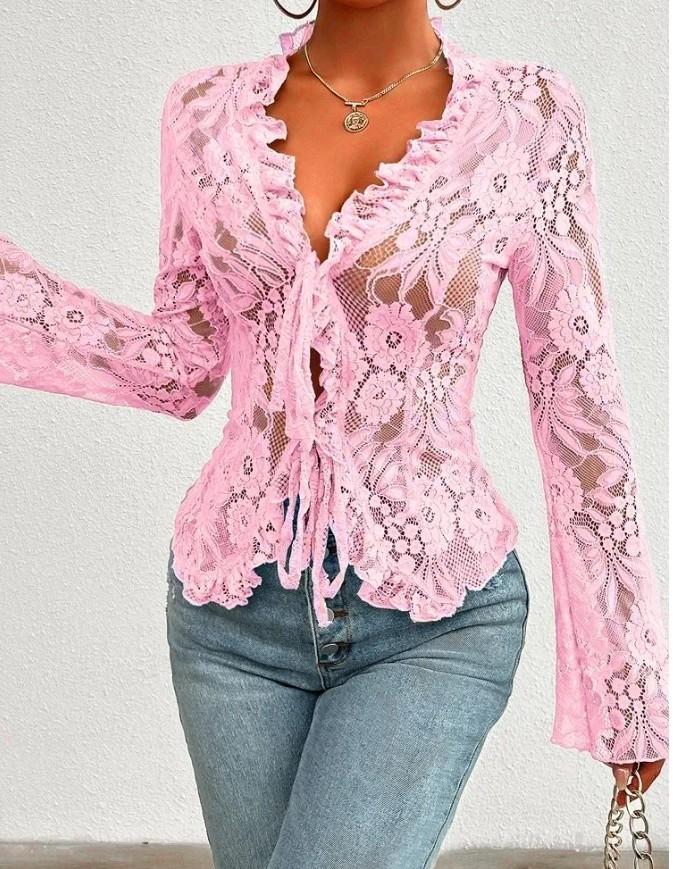 

Женские сексуальные открытые передние завязки с длинными рукавами и рюшами, прозрачные кружевные укороченные топы, блузка S розовый