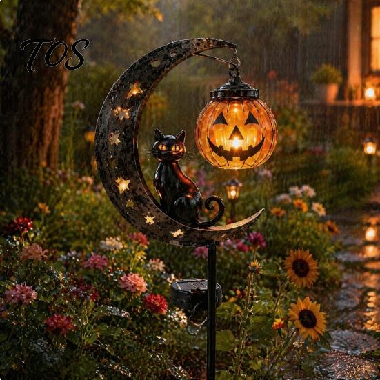 Waterproof Solar Lantern for Halloween Black Cat Moon Stake Light, Metal Pumpkin with Retro Iron Crescent Light Warm Glow, Spooky Yard Decor