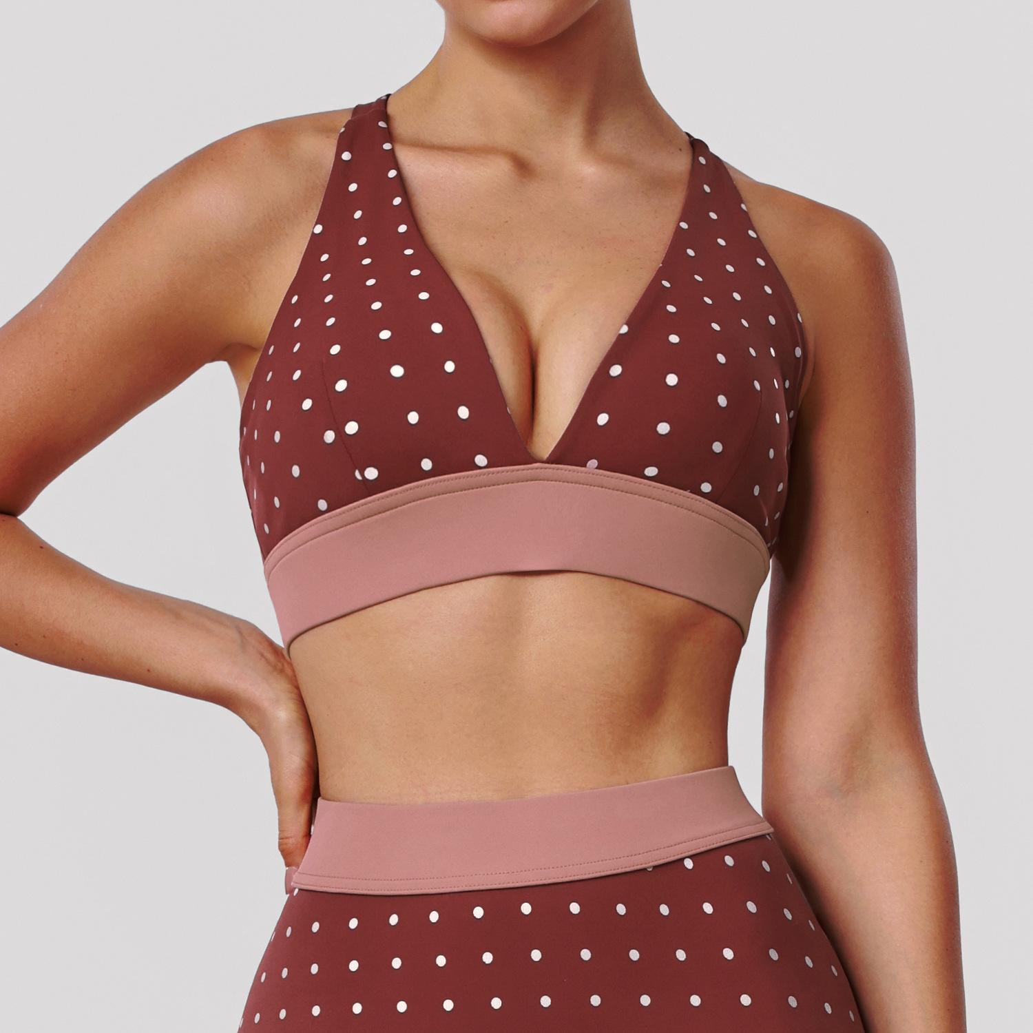 Women s Polka Dot V Neck Sports Bra Crisscross Back High Elastic Workout Yoga Bra S