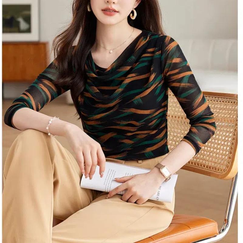 

Новый весенне-осенний женский стиль, O-образный вырез, длинный рукав, приталенный, из марли с принтом, темпераментные пуловеры, трендовые для работы, универсальные топы 5XL