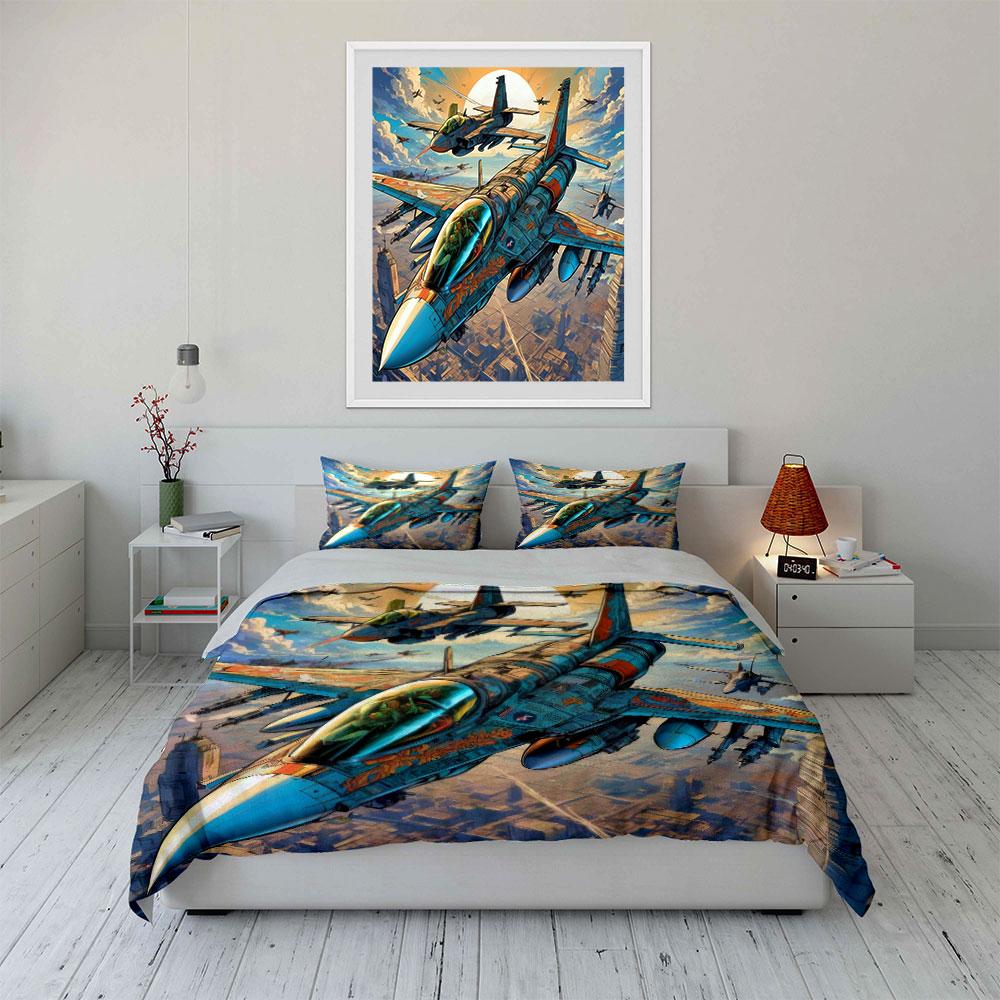 Fighter Jet Art Set Decor Bedding Set With 1 Duvet Cover 2 Pillowcases Single Double King Queen, Gift