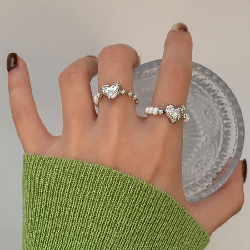 Dazzling Geometric Heart Design Pearl And Crystal Ring 925 Sterling Silver Jewelry