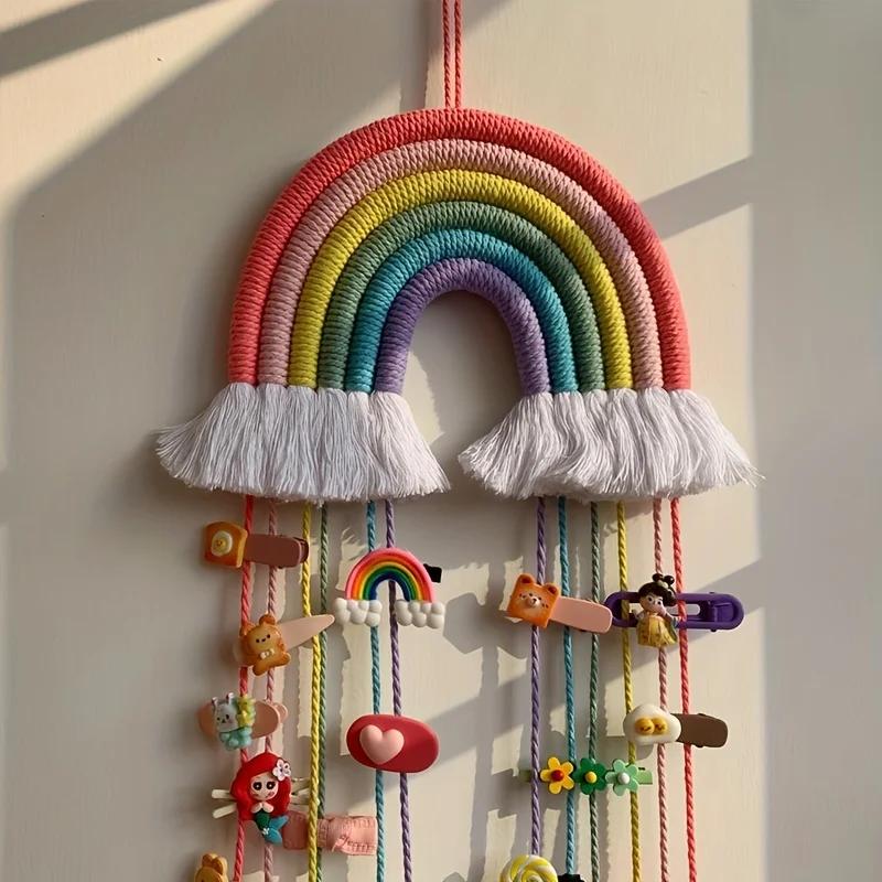 Bohemian Rainbow Wall Hanging with Handmade Lace, Colorful Bow Tassels and Pompoons Bohemian Home Decoration