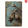 Vintage Owl Metal Wall Sign, Rustic Brown Blue Tin Poster, Home Interior Decoration